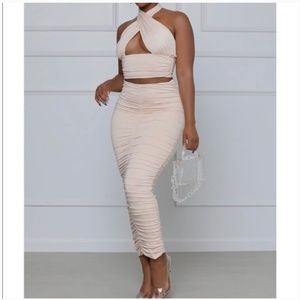 Ivory Halter Top Ruched Skirt Set